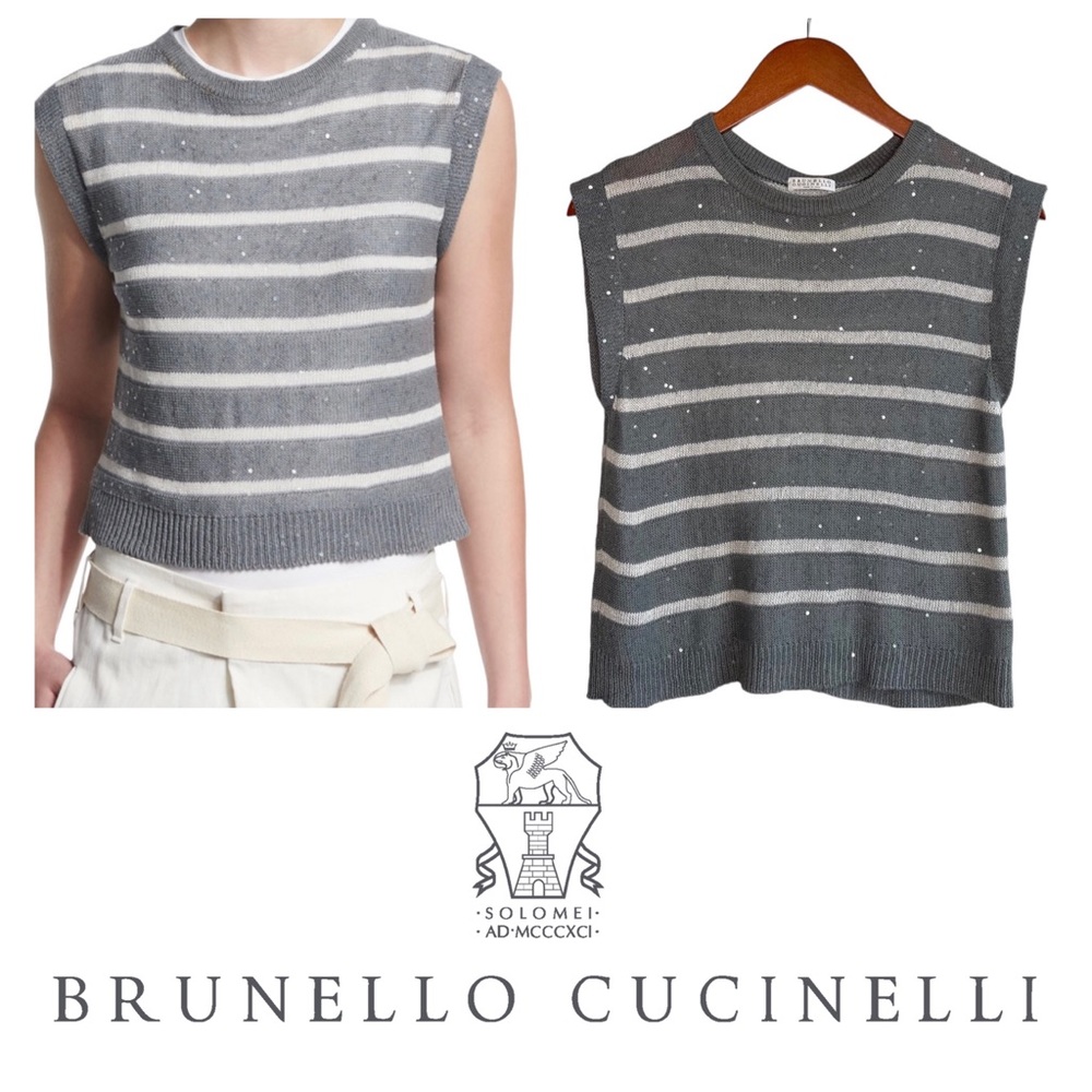 Brunello Cucinelli Gray and White Striped Blouse